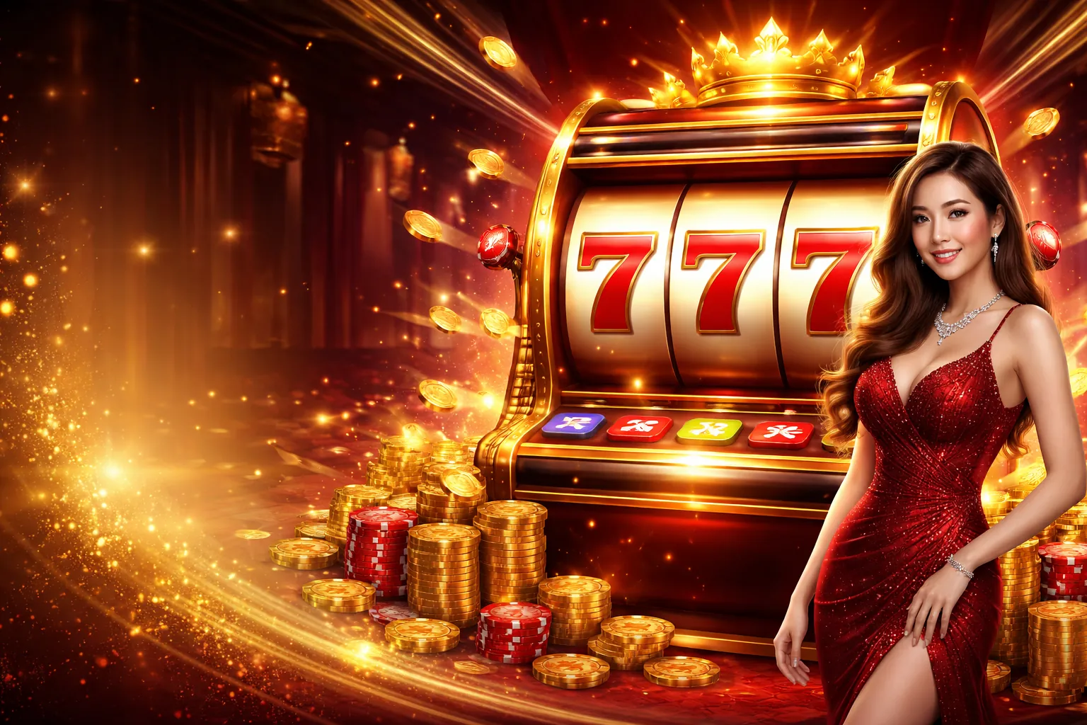 Hình ảnh Sảnh Chiến Thắng Full88 với người chơi vui mừng và biểu tượng jackpot lớn